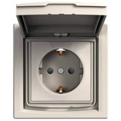 Розетка с заземлением, с крышкой и шторками, IP44, Кремовая, Asfora EPH3100323